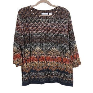 Alfred Dunner Floral Studded Tunic Women’s L Multi Boho Chic Southwestern Blouse